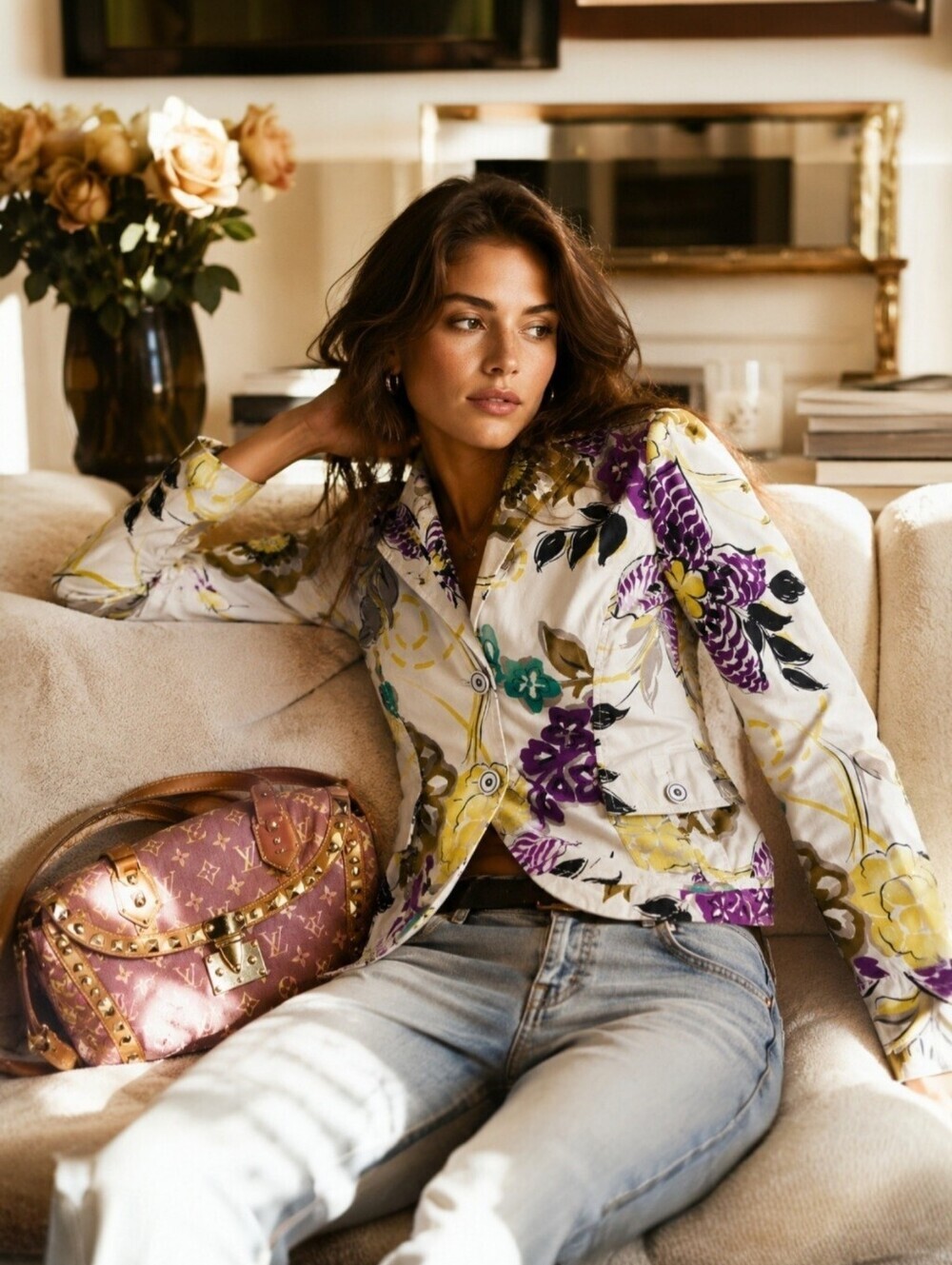 ETRO Milano Italy Floral Cotton Blazer Jacket Belted Purple Yellow IT 46 US 10 L